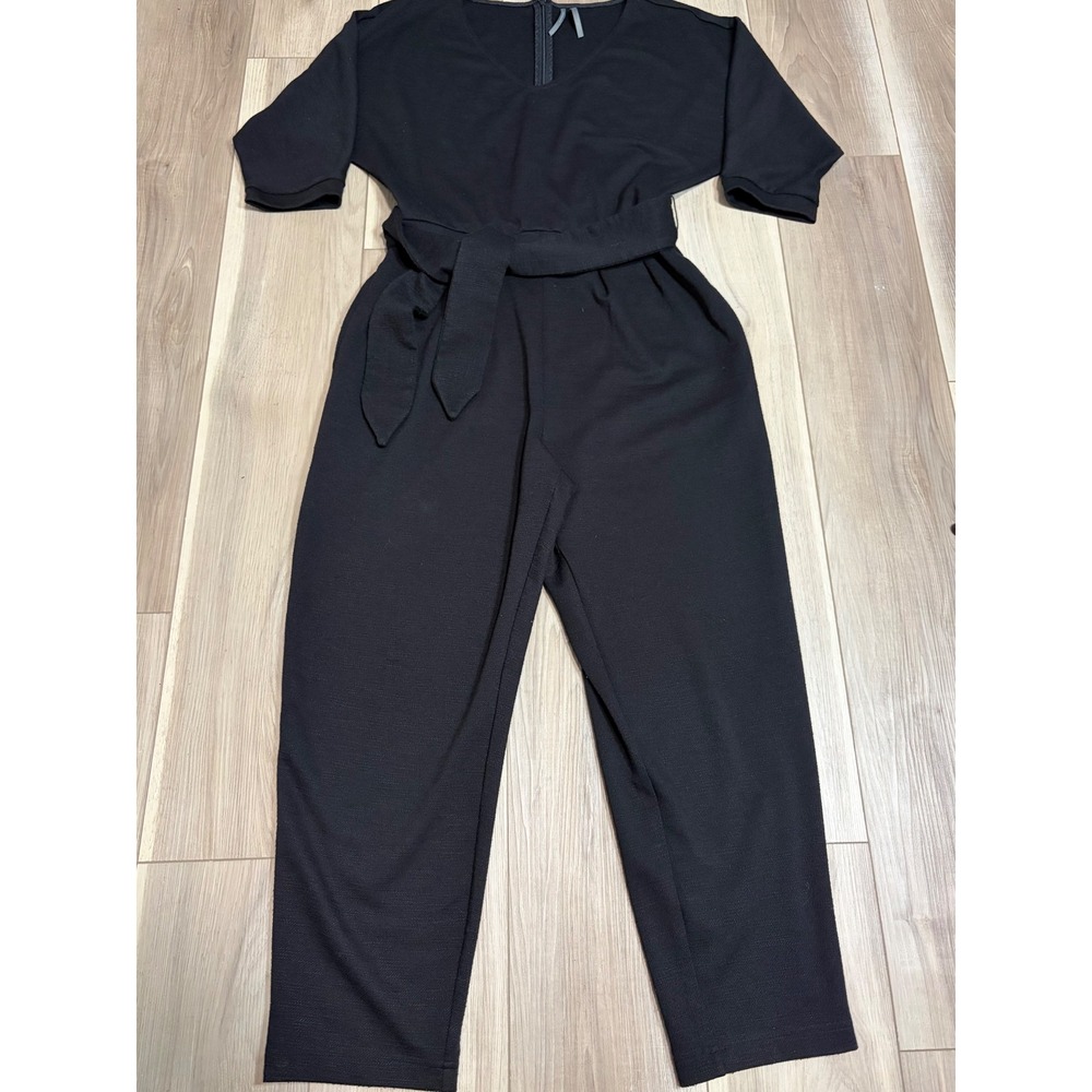 Anthropologie Black V-Neck Belted Dolman Sleeve Knit Jumpsuit Size Medium